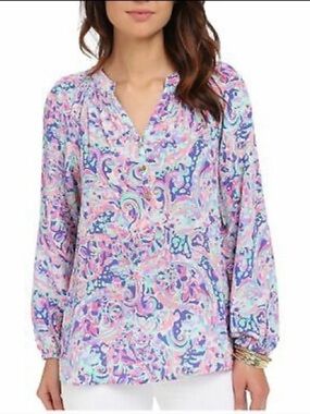 Lilly Pulitzer Elsa Silk blouse, Multi La Playa Print, Size Small